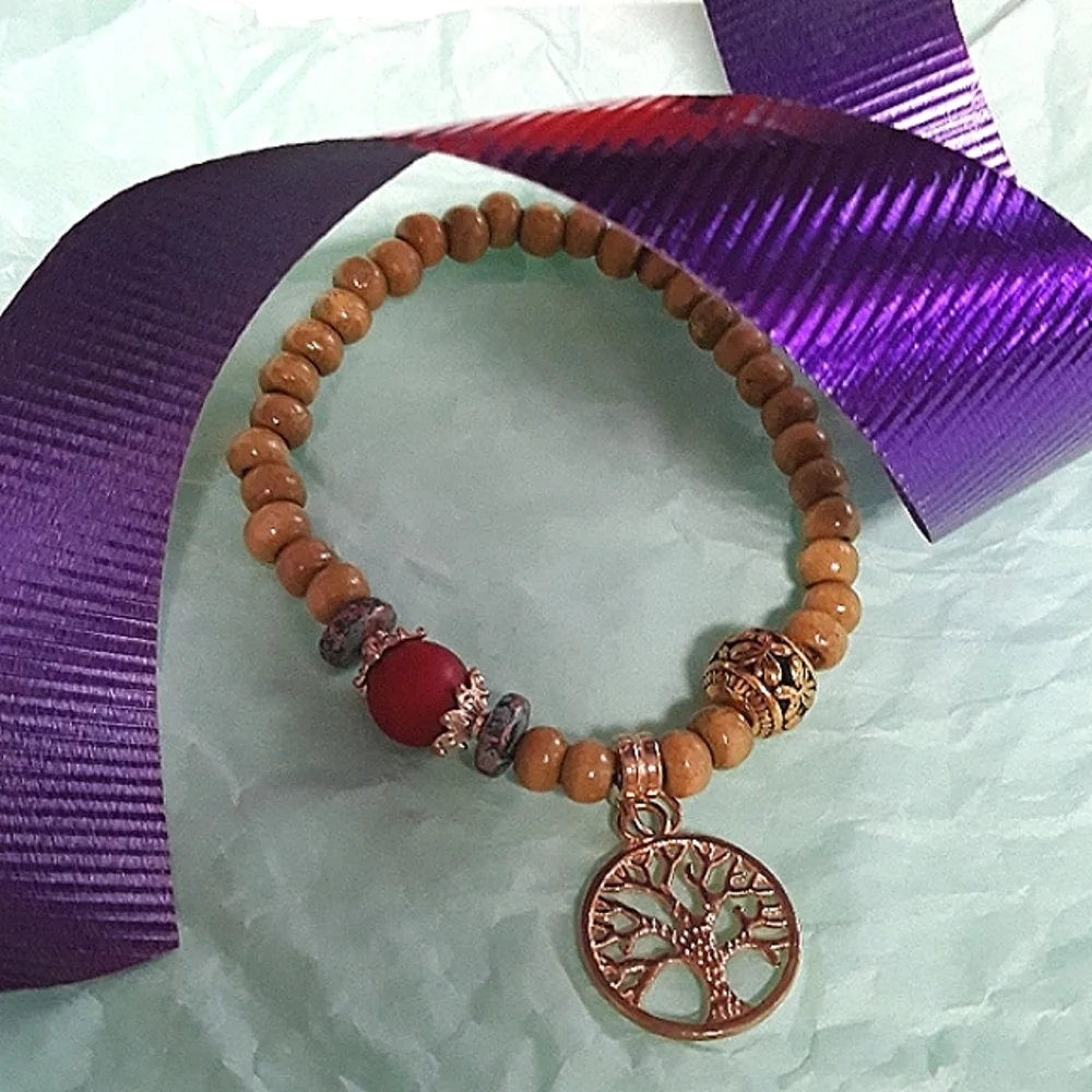 Tree of Life Bracelet Wooden Beads with Gold Tree of Life Charm adjustable NEW